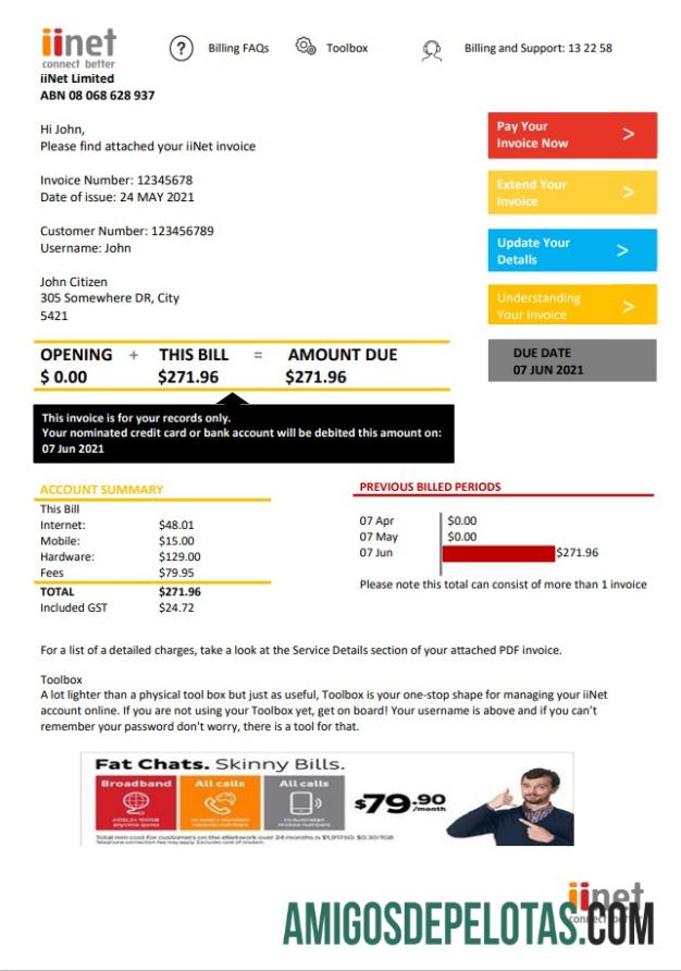 Conta de serviços públicos IiNet da Austrália amostra